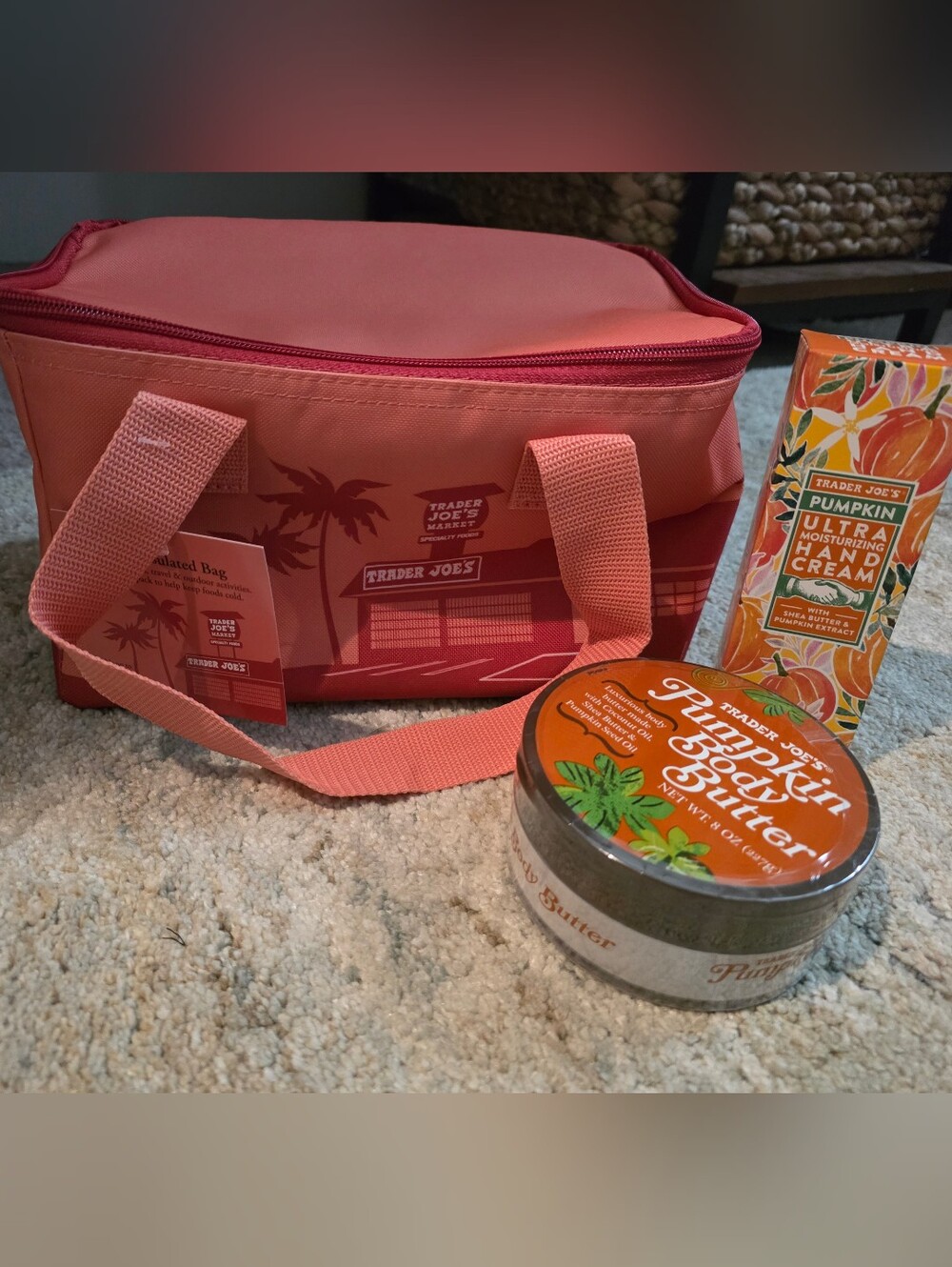 Trader Joe's Coral Mini Insulated Bag With Pumpkin Lotion Set